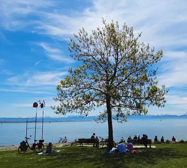Liegewiese vor dem Graf Zeppelin Haus mit Blick auf den Bodensee und die Alpen Liegewiese vor dem Graf Zeppelin Haus mit Blick auf den Bodensee und die Alpen