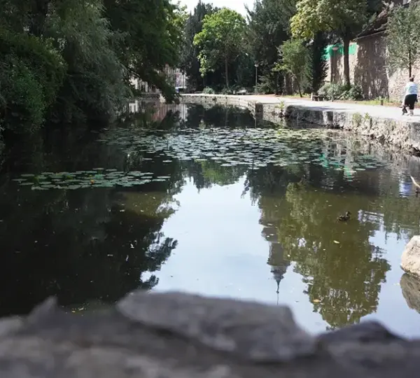 Wassergraben um die Kirchenruine zum Heiligen Grab im Park Schöntal